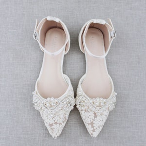 Ivory Crochet Lace Pointy Toe Flats With Small Pearls Applique Women ...