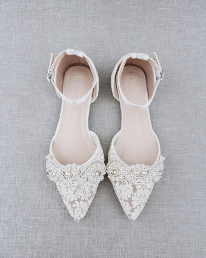 Ivory Crochet Lace Pointy Toe Flats With Small Pearls Applique - Etsy