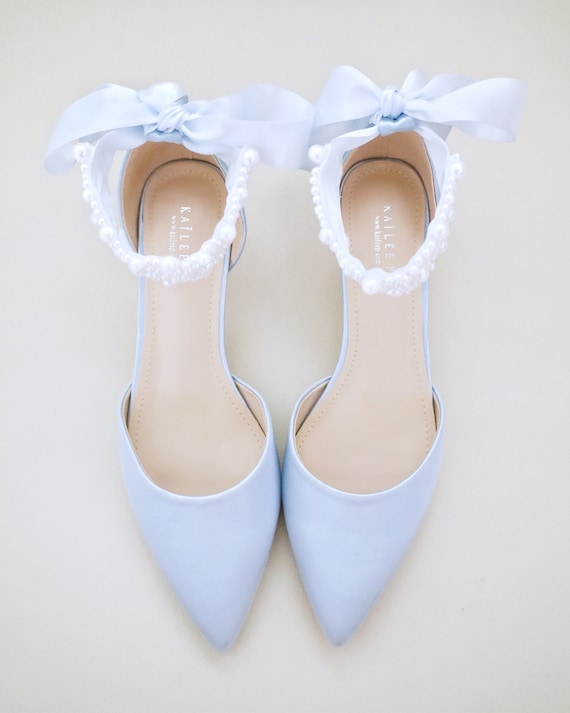 Light Blue Satin Pointy Toe Low Heels With Perla Ankle Strap  display picture 1