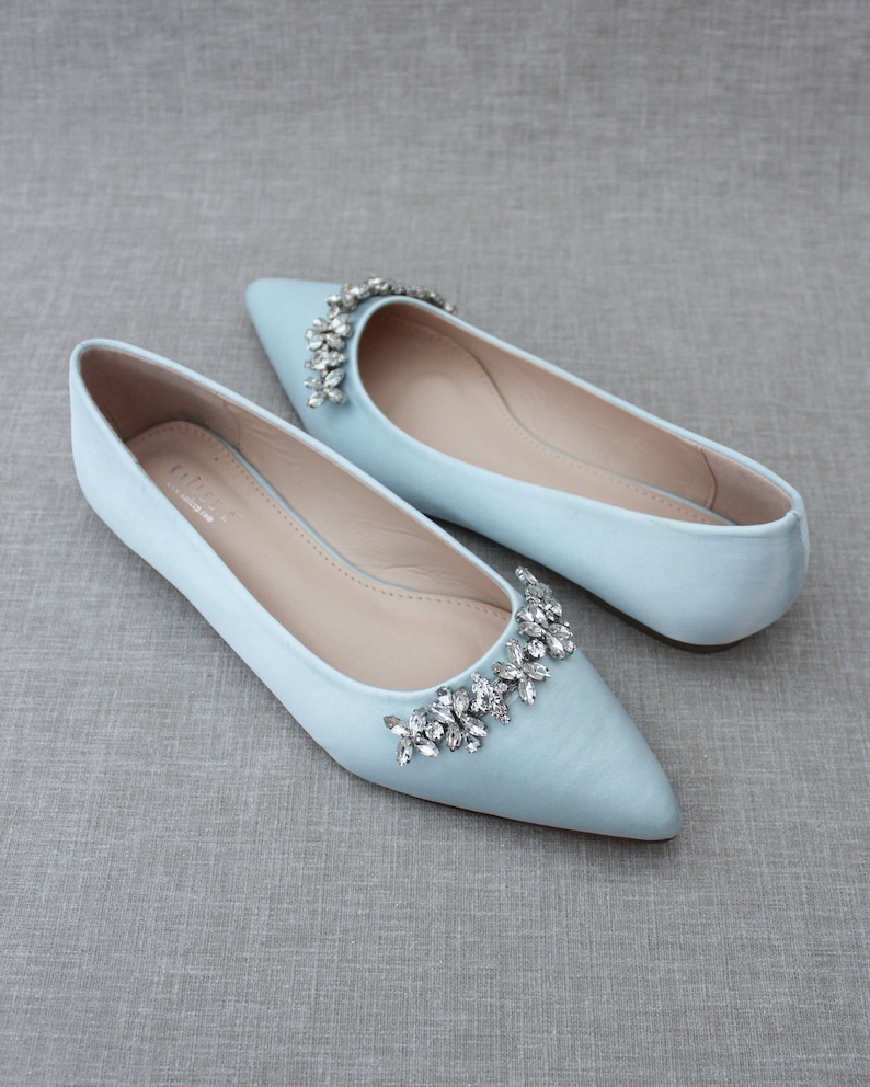 Light Blue Satin Pointy Toe Flats with FLORAL RHINESTONES Embellishments, Women Shoes, Light Blue Wedding, Something Blue, Bridesmaid Shoes image 4