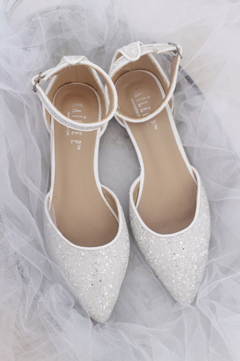 WHITE Rock Glitter Pointy Toe Flats with Ankle Strap & Organza No Bow