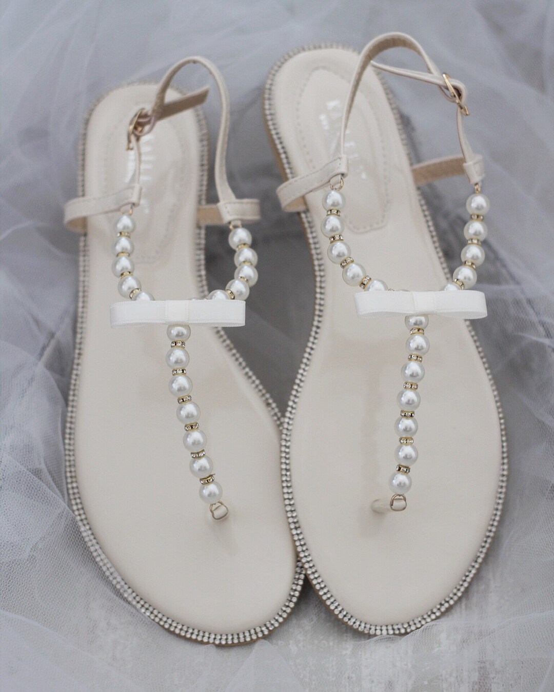 Beige T-strap Pearl With Rhinestones Flat Sandal Women - Etsy