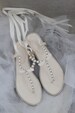 Women & Girls Flat Sandals - T-Strap Beige Pearl  with Rhinestones flat sandal with satin ankle strap, Pearl Wedding Sandals 