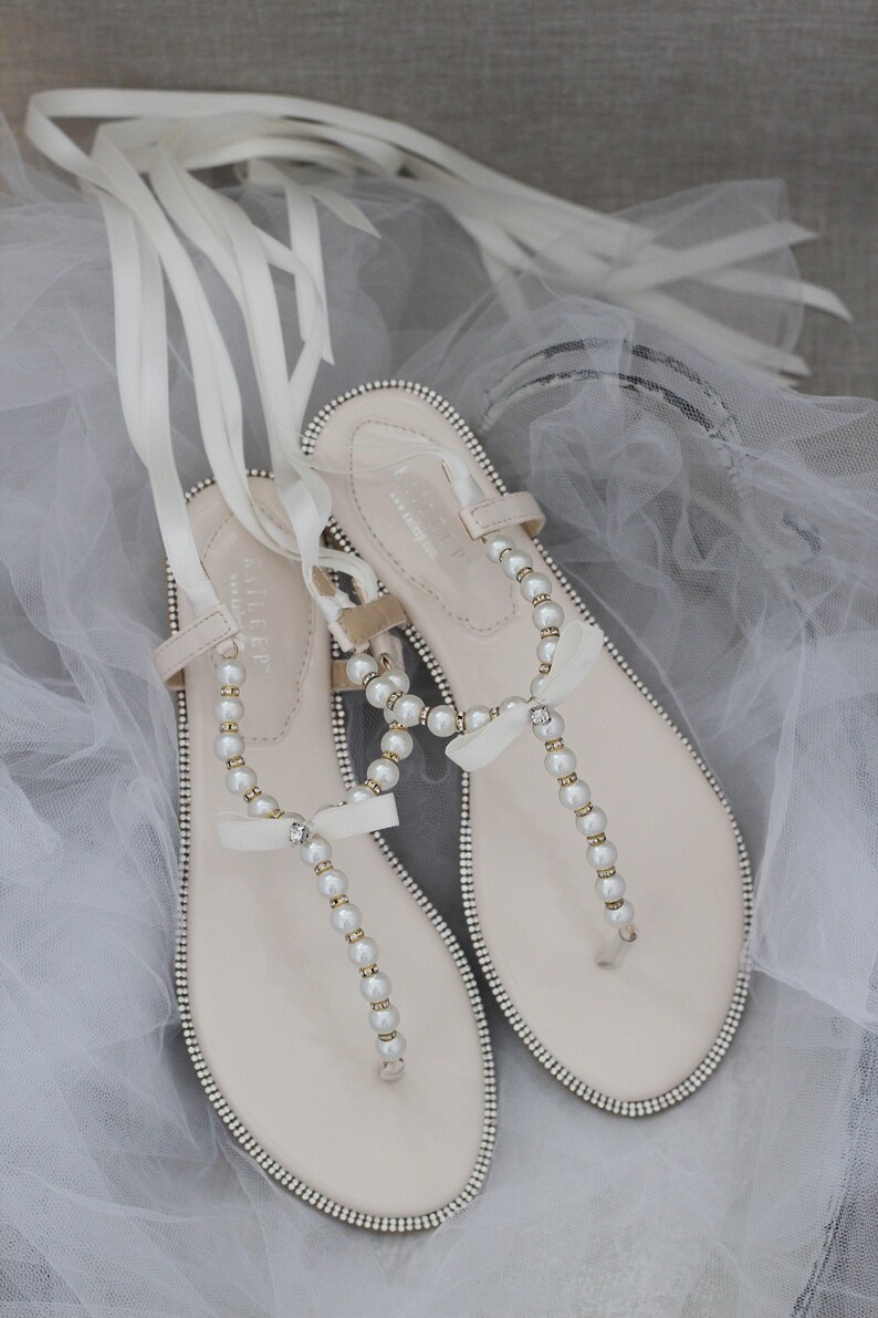 Women & Girls Flat Sandals - T-Strap Beige Pearl  with Rhinestones flat sandal with satin ankle strap, Pearl Wedding Sandals 