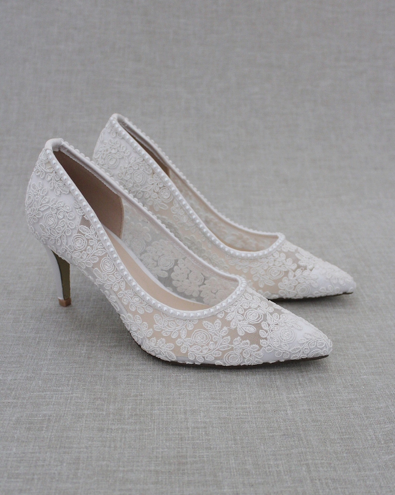 white crochet pumps