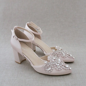 Dusty Pink Satin Almond Toe Block Heel with Rhinestones Applique - Women Wedding Shoes, Bridesmaids Shoes, Bridal Shoes, Block Heels
