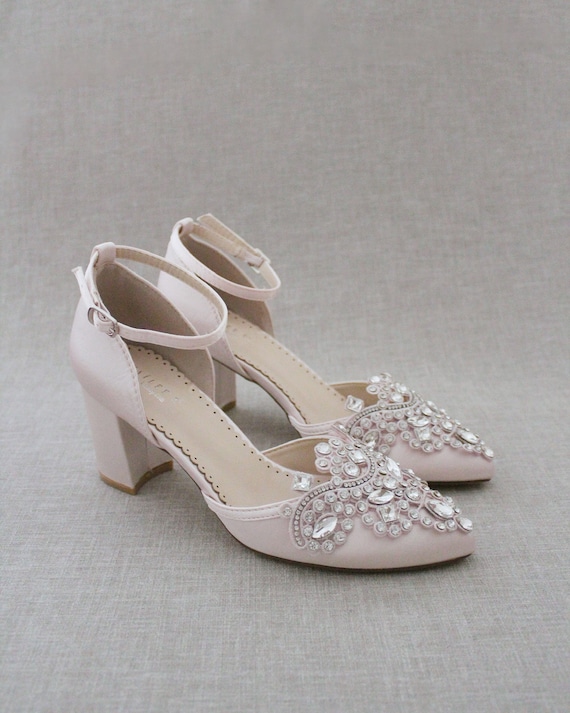 Rose Gold Rock Glitter Block Heel with BLUSH Satin Ballerina Lace Up - 6.5  | Block heels, Evening shoes, Heels