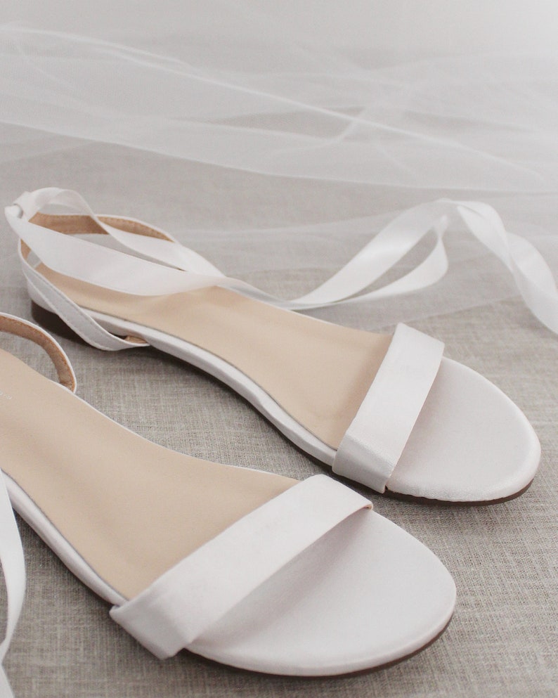 White Satin Flat Sandal with Ballerina Lace Up, Bridesmaid Shoes, Women Sandals, Kids Sandals, Mommy and Me Shoes image 4