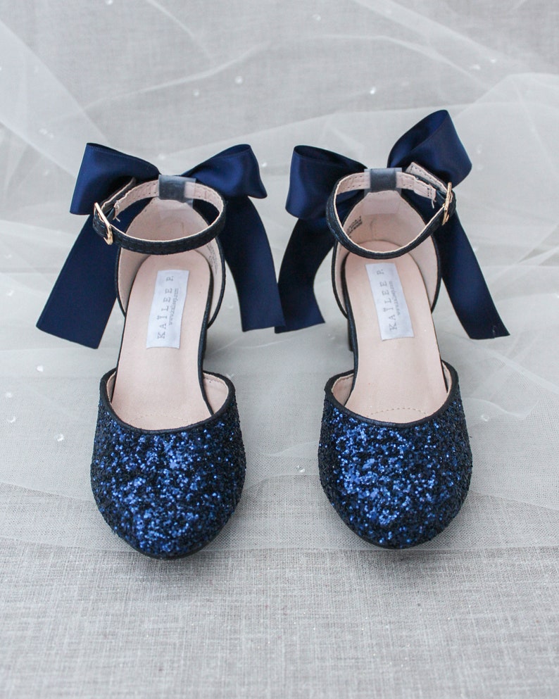 Navy Rock Glitter Block Heel with SATIN BACK BOW, Women Wedding Shoes, Bridesmaids Shoes, Bridal Shoes, Bride Pumps, Holiday Shoes image 8