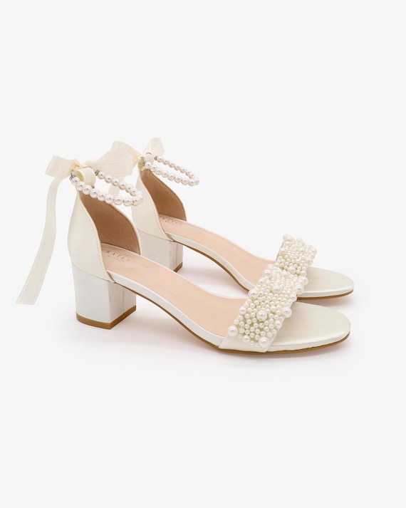 Ivory Satin Block Heel Sandals With Perla Applique and All Pearls Strap,  Flower Girls Shoes, Jr.bridesmaid Shoes, Women Sandals - Etsy