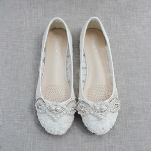 Ivory Crochet Lace Round Toe Flats with SMALL PEARLS APPLIQUE - Women Wedding Shoes, Bridesmaid Shoes, Bridal Shoes, Bridal Lace Shoes