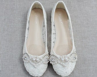 Ivory Crochet Lace Round Toe Flats with SMALL PEARLS APPLIQUE - Women Wedding Shoes, Bridesmaid Shoes, Bridal Shoes, Bridal Lace Shoes