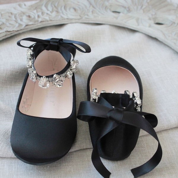 Black Satin Flats with NAVETTE CLUSTER RHINESTONES on Satin Ankle Strap, Fall Flower Girls Shoes, Girls Holiday Shoes, Birthday Shoes