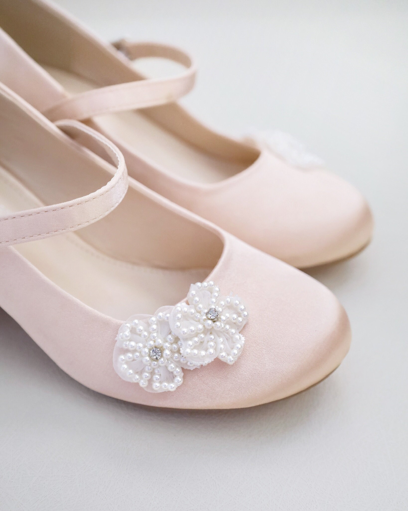 Champagne Girls Satin Mary Jane Block Heel With All Pearls Chassia ...