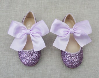 Purple Rock Glitter Maryjane Flats with SATIN bow - For Flower Girls, Halloween Shoes, Birthday Party Shoes, Encanto Shoes, Holiday Shoes