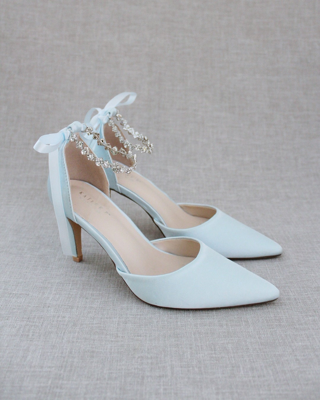 Light Blue Satin Pointy Toe HEELS With Amaryllis Crystal Strap, Wedding ...