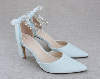 Light Blue Satin Pointy Toe HEELS with Amaryllis Crystal Strap, Wedding Shoes, Bridesmaids Shoes, Holiday Shoes, Something Blue