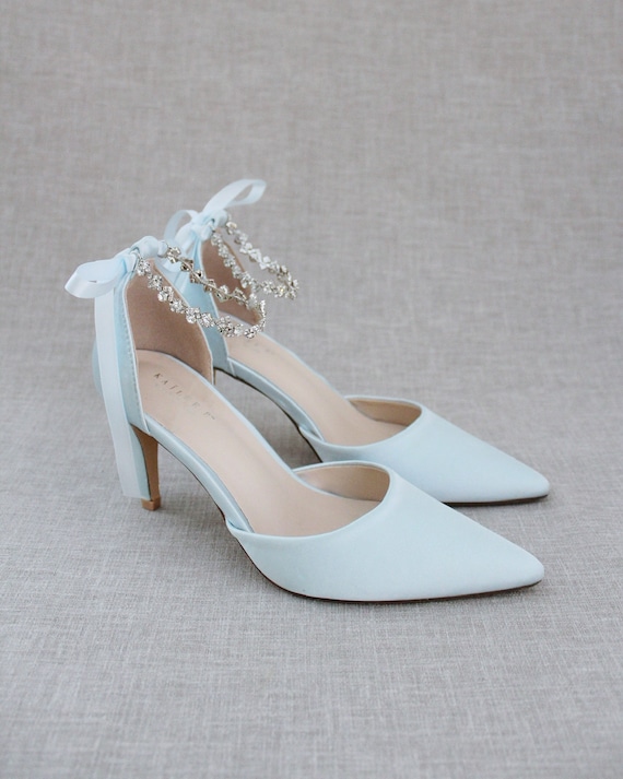 Buy Light Blue Wedding Heels With All Pearls Chassia Flowers, Women Wedding  Shoes, Bridesmaids Shoes, Bridal Shoes, White Satin Kitten Heels Online in  India - Etsy
