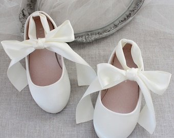 Kids Shoes | Ivory Satin Flats with Satin Ankle Tie - Flower girls shoes, Baptism Shoes,  Communion shoes, Kids Ballerina Shoes