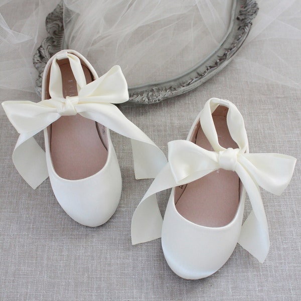 Kinderschuhe | Elfenbein Satin Ballerinas mit Satin Knöchel Krawatte - Blumenmädchen Schuhe, Taufe Schuhe, Kommunionschuhe, Kinder Ballerina Schuhe