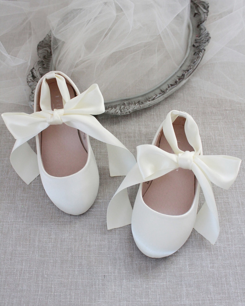 Kids Shoes Ivory Satin Flats with Satin Ankle Tie Flower girls shoes, Baptism Shoes, Communion shoes, Kids Ballerina Shoes image 1