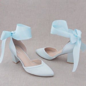 Light Blue Satin Almond Toe Block Heel with Wrapped Ribbon Tie - Women Wedding Shoes, Bridesmaids Shoes, Bridal Shoes, Something Blue