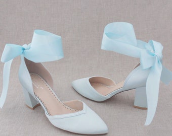 Light Blue Satin Almond Toe Block Heel with Wrapped Ribbon Tie - Women Wedding Shoes, Bridesmaids Shoes, Bridal Shoes, Something Blue