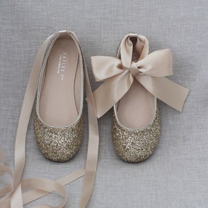 GOLD rock glitter ballet flats with Satin Ankle Tie or Ballerina Lace Up - Flower Girl Shoes, Holiday Shoes, Infant and Toddler Shoes