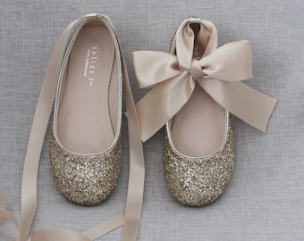 GOLD rock glitter ballet flats with Satin Ankle Tie or Ballerina Lace Up - Flower Girl Shoes, Holiday Shoes, Infant and Toddler Shoes