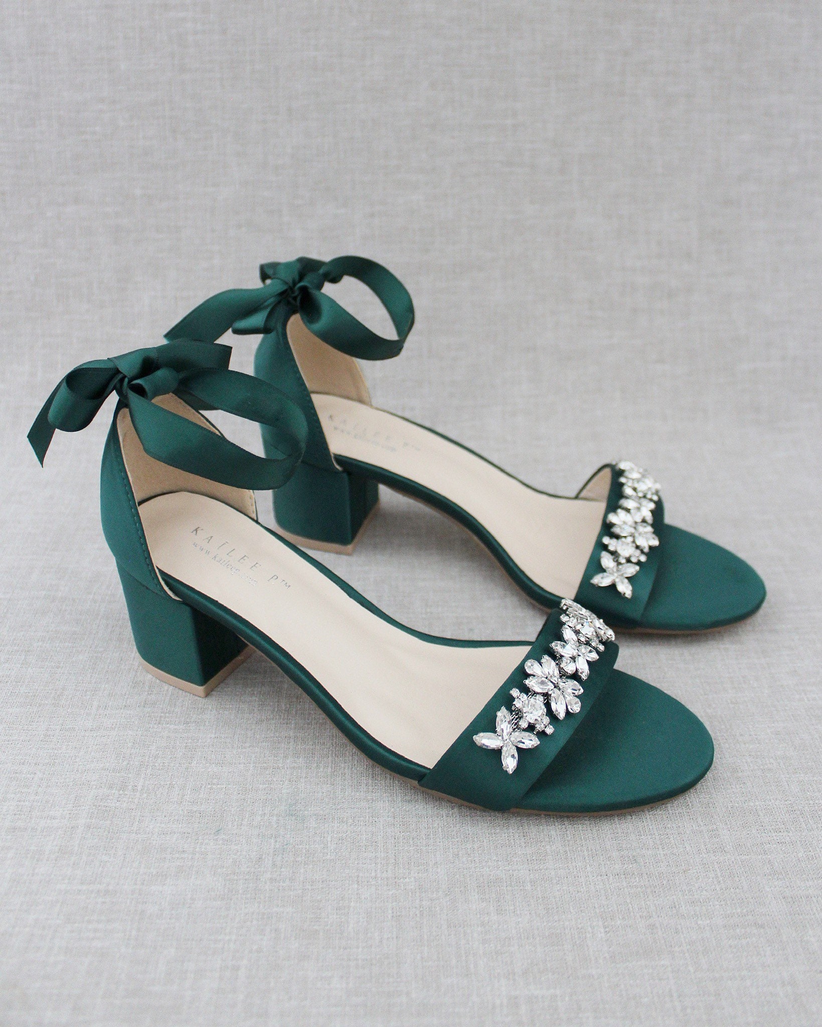 Hunter Green Satin Block Heel Sandal With Floral Rhinestones on Upper Strap Bride Sandals Flower Girls Shoes Jr.bridesmaid Shoes Etsy