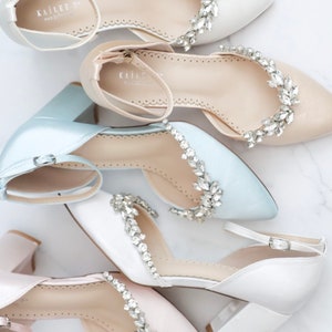 Satin Almond Toe Evening Block Heel with Marquise Rhinestones, Women Wedding Shoes, Something Blue, Bridal Shoes, Wedding Heels, Block Heels