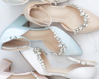 Satin Almond Toe Evening Block Heel with Marquise Rhinestones, Women Wedding Shoes, Something Blue, Bridal Shoes, Wedding Heels, Block Heels