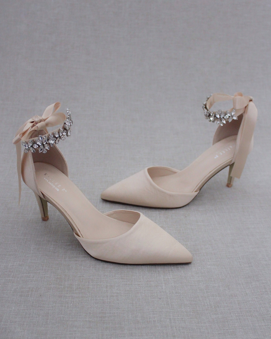 Champagne Satin Pointy Toe HEELS with FLORAL RHINESTONES Ankle image 1