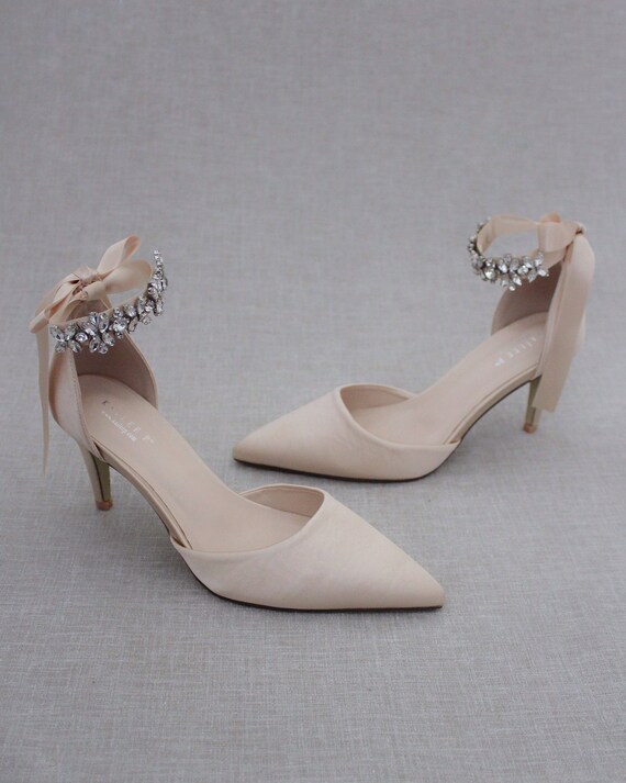 Champagne Satin Pointy Toe HEELS With FLORAL RHINESTONES Ankle - Etsy