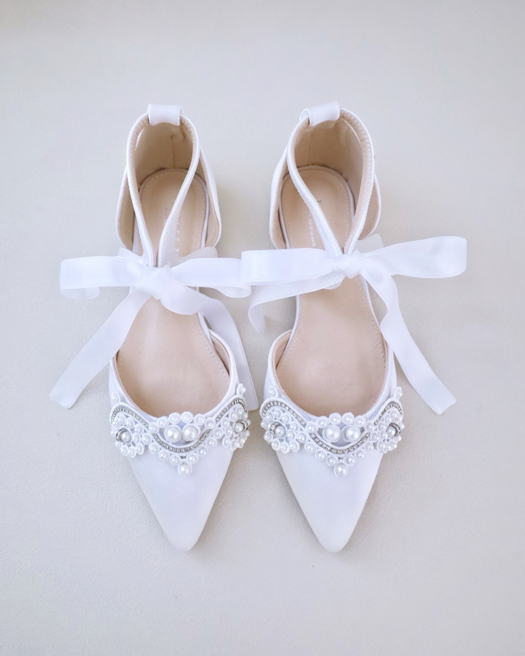 White Satin Pointy Toe Flats With SMALL PEARLS APPLIQUE and Satin Tie,  Women Wedding Shoes, White Bridal Shoes, Wedding Flats, Satin Flats 