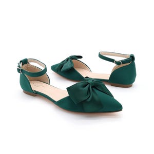 Hunter Green Satin Pointy Toe flats with Front Satin Bow, Fall Wedding Shoes, Holiday Shoes, Bridal Shoes, Bridesmaid Shoes, Women Shoes image 3