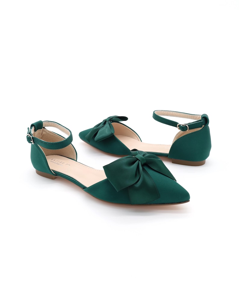 Hunter Green Satin Pointy Toe flats with Front Satin Bow, Fall Wedding Shoes, Holiday Shoes, Bridal Shoes, Bridesmaid Shoes, Women Shoes image 3