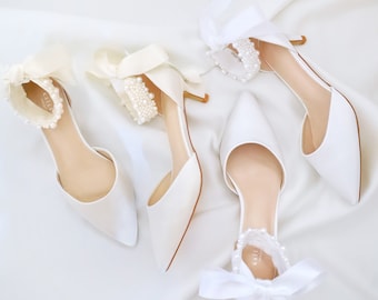 White Satin Pointy Toe Low Heels with Perla Ankle Strap, Wedding Shoes, Bridal Low Heels, Kitten Heels, Pearl Wedding Shoes