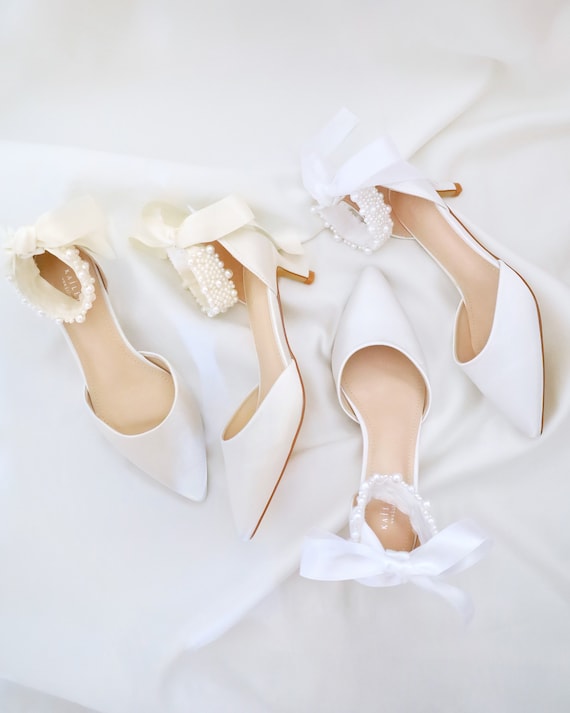 White Satin Pointy Toe Low Heels With Perla Ankle Strap  display picture 1