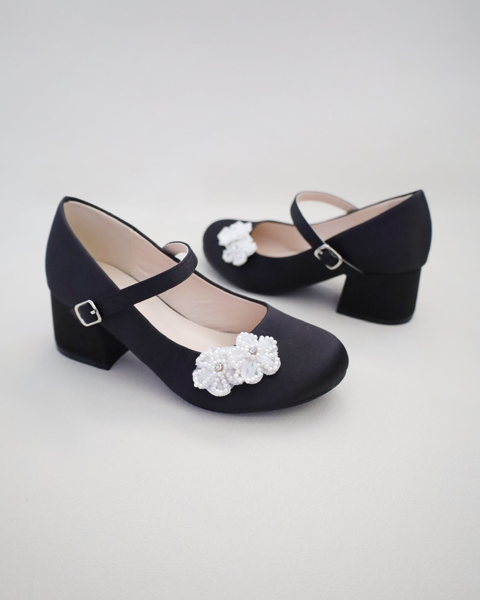 Black Satin Mary Jane Girls Block Heel With All Pearls Chassia Flowers ...