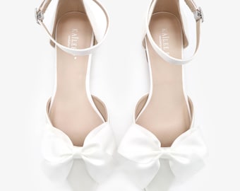 White Satin Pointy Toe Flats with Front Satin Bow, Wedding Shoes, Bride Shoes, Bridesmaids Shoes