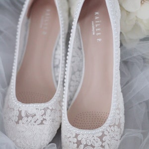 White Lace Round Toe Flats with MINI PEARLS Women Wedding Shoes, Bridesmaid Shoes, Bridal Shoes image 1