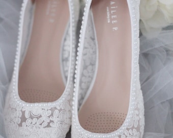 White Lace Round Toe Flats with MINI PEARLS - Women Wedding Shoes, Bridesmaid Shoes, Bridal Shoes