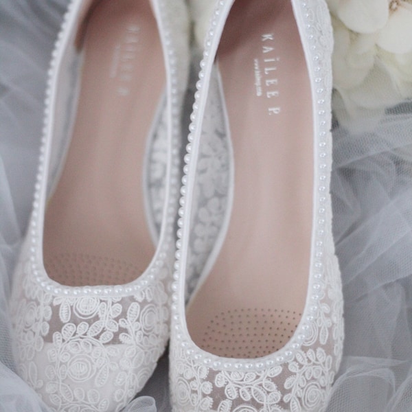 White Lace Round Toe Flats with MINI PEARLS - Women Wedding Shoes, Bridesmaid Shoes, Bridal Shoes