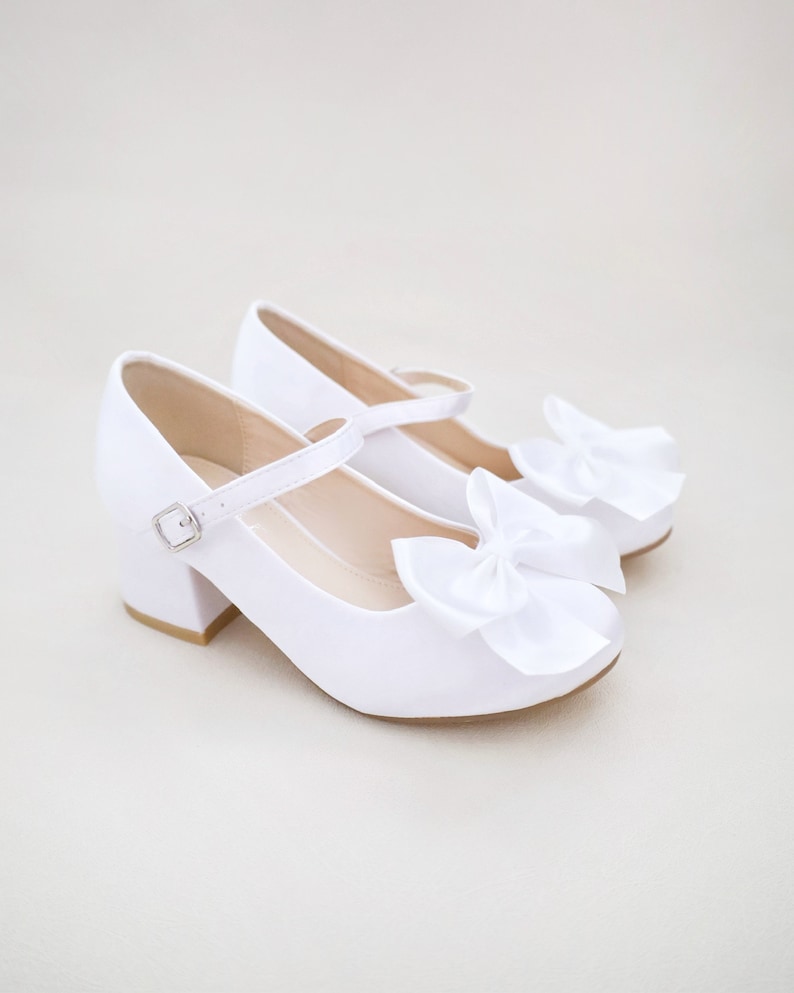 Ivory & White Satin Mary Jane Girls Block Heel With Front Satin Bow ...