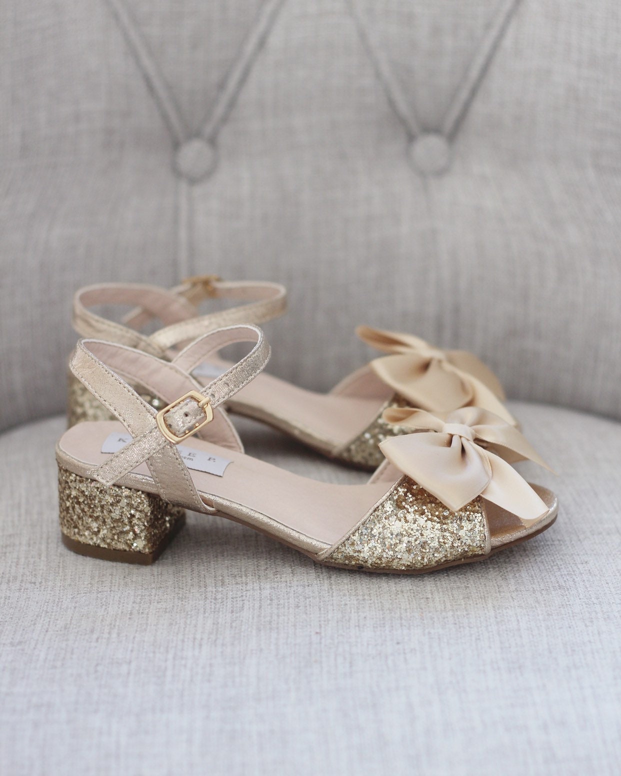 gold bow block heel