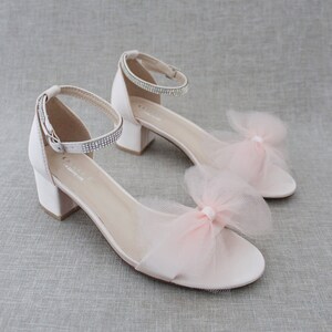 Soft Blush Satin Block Heel Sandal with Front Oversized TULLE BOW, Women Sandals, Bridesmaid Shoes, Wedding Shoes, Flower Girl Shoes
