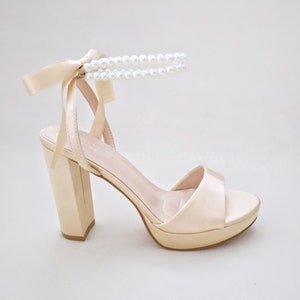 Champagne Satin Platform Block Heel Wedding Sandals with Double Pearls Ankle Strap - Women Wedding Shoes, Bridal Shoes, Evening Heels
