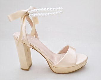 Champagne Satin Platform Block Heel Wedding Sandals with Double Pearls Ankle Strap - Women Wedding Shoes, Bridal Shoes, Evening Heels