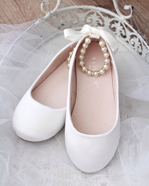 OFF WHITE SATIN Flats with Pearls Ankle 